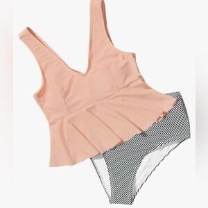 CUPSHE Peach Peplum Top Striped Bottom High Waisted‎ Bikini Set V Neck Tankini